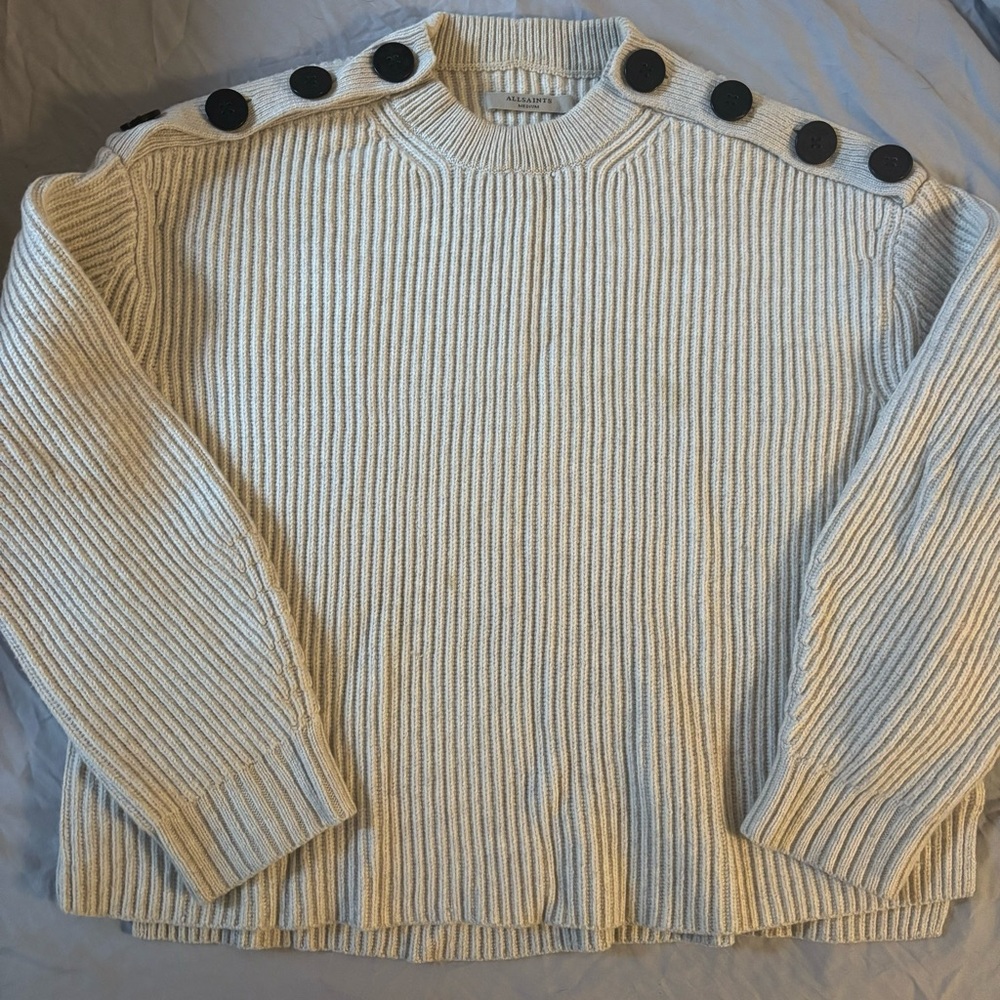 Grey Wool Ribbed Sweater with Black Button Accents